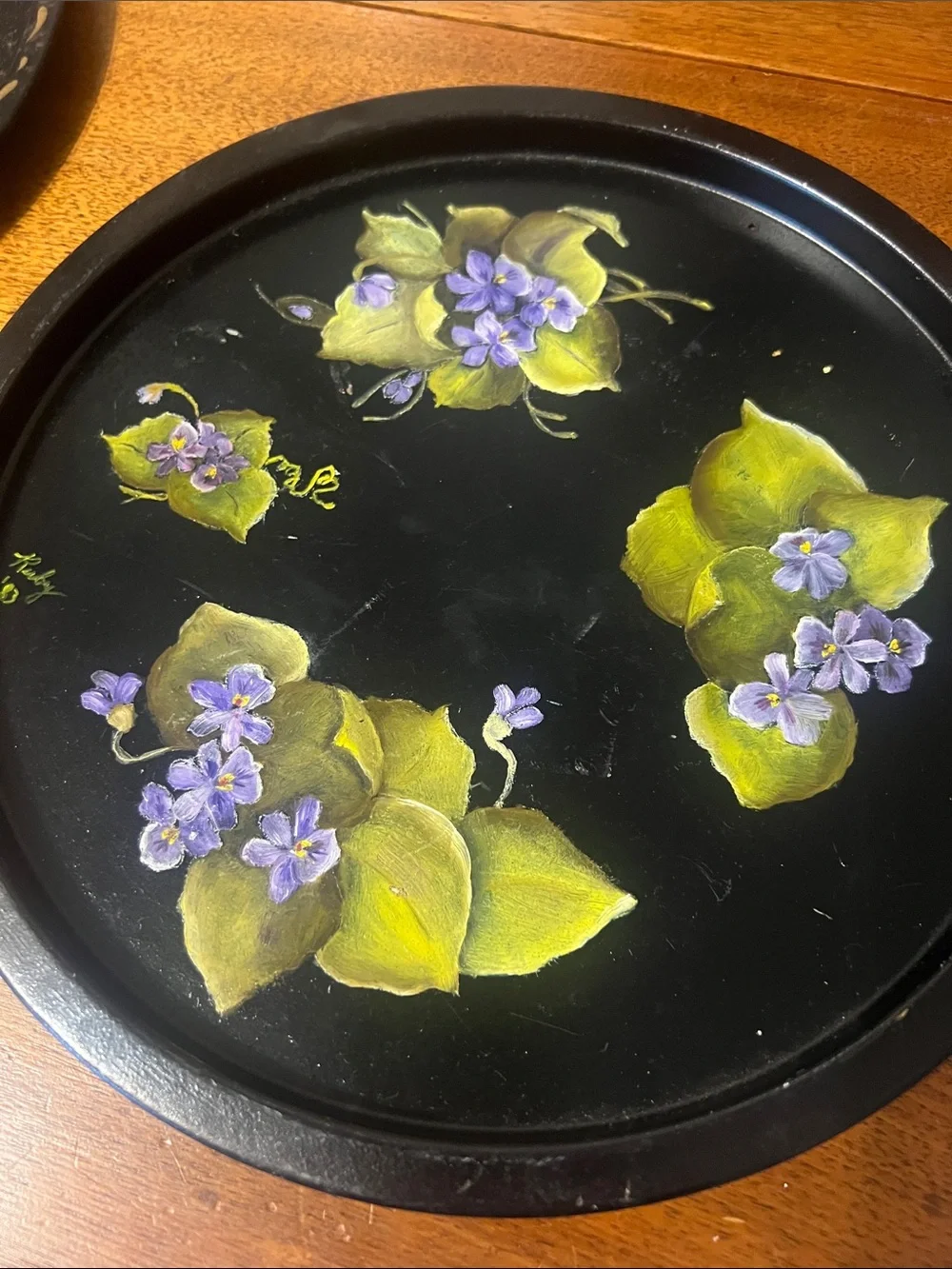 Vintage Hand-Painted Toleware Trays - Green & Purple Accents